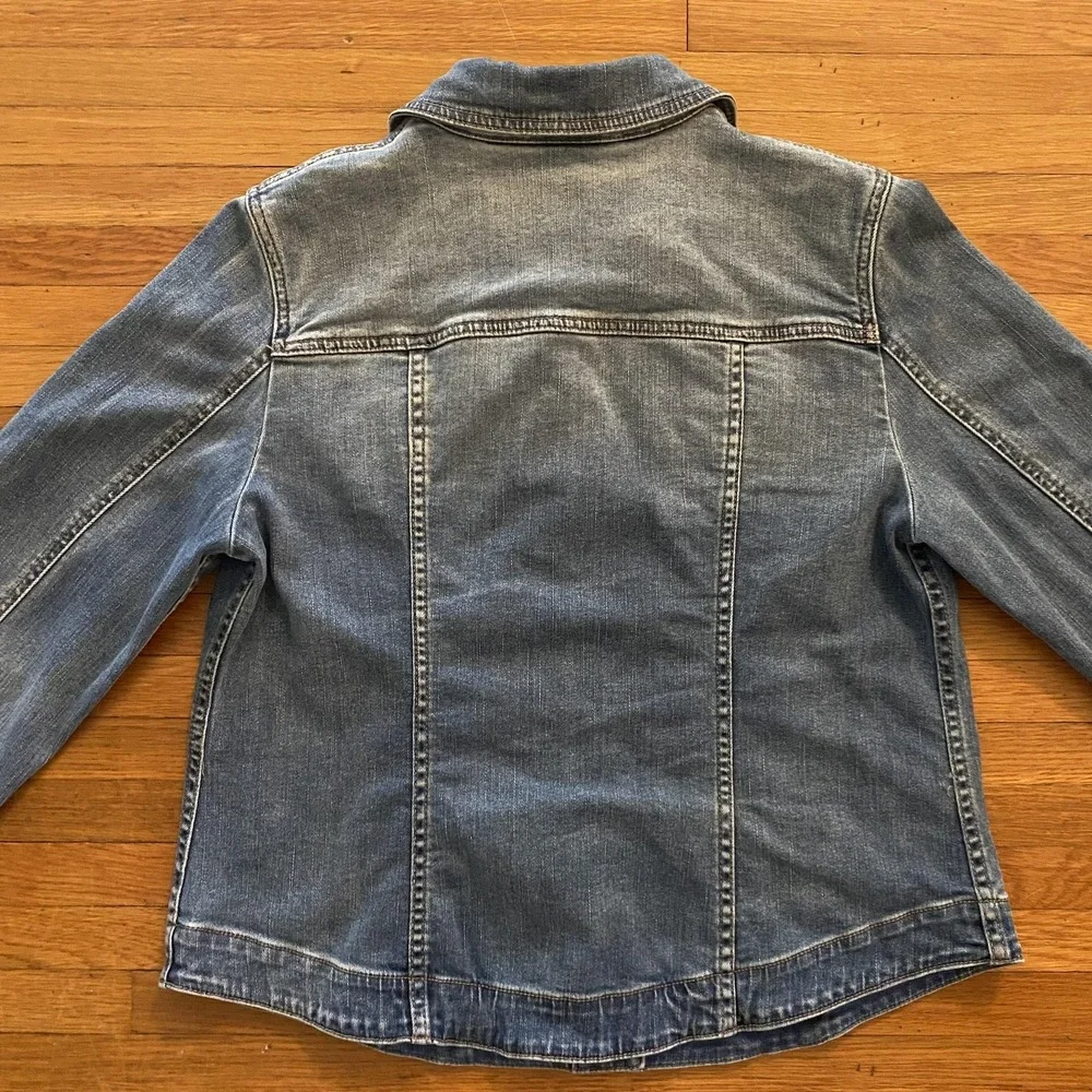 Chicos Jacket Womens 1 Medium Blue Denim Jean Lace Yoke Stretch Button Casual‎ - Picture 12 of 16